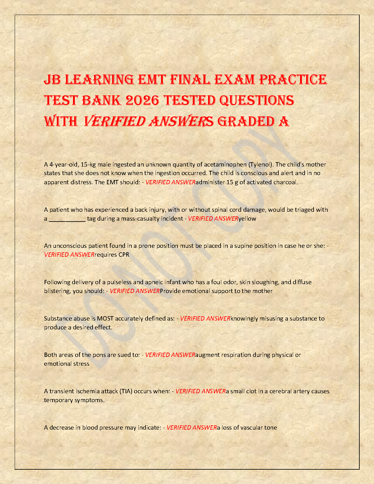 JB Learning EMT Final Exam Test Bank 2026 for Emergency Care and Transportation of the Sick, 12th Edition by AAOS