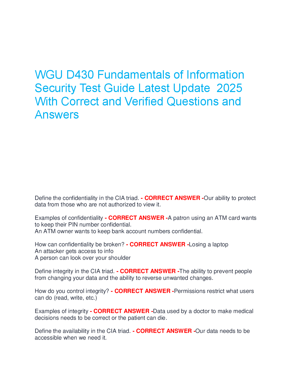 WGU D430 Fundamentals of Information Security Test Guide: Verified Questions and Answers for 2025 Edition
