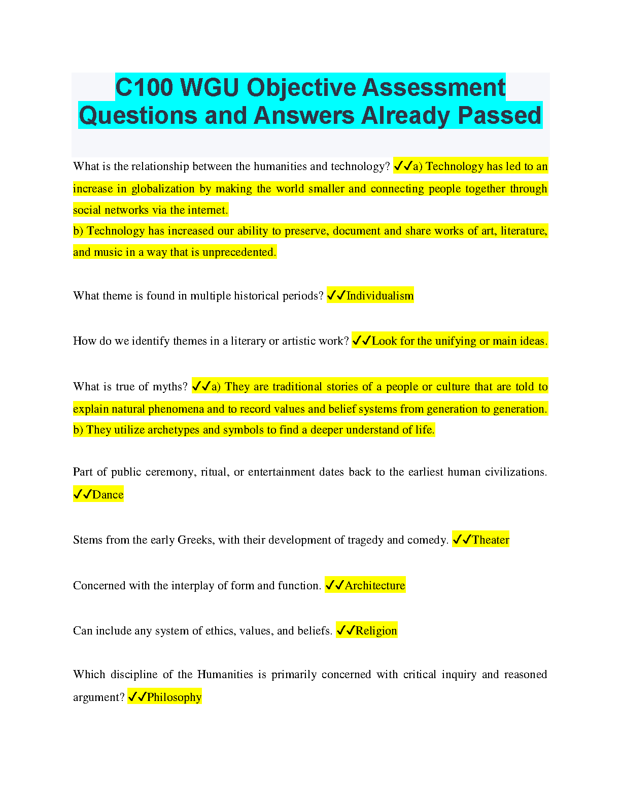 WGU C100 Introduction to Humanities Objective Assessment Test Bank Verified Questions and Answers for 2025/2026