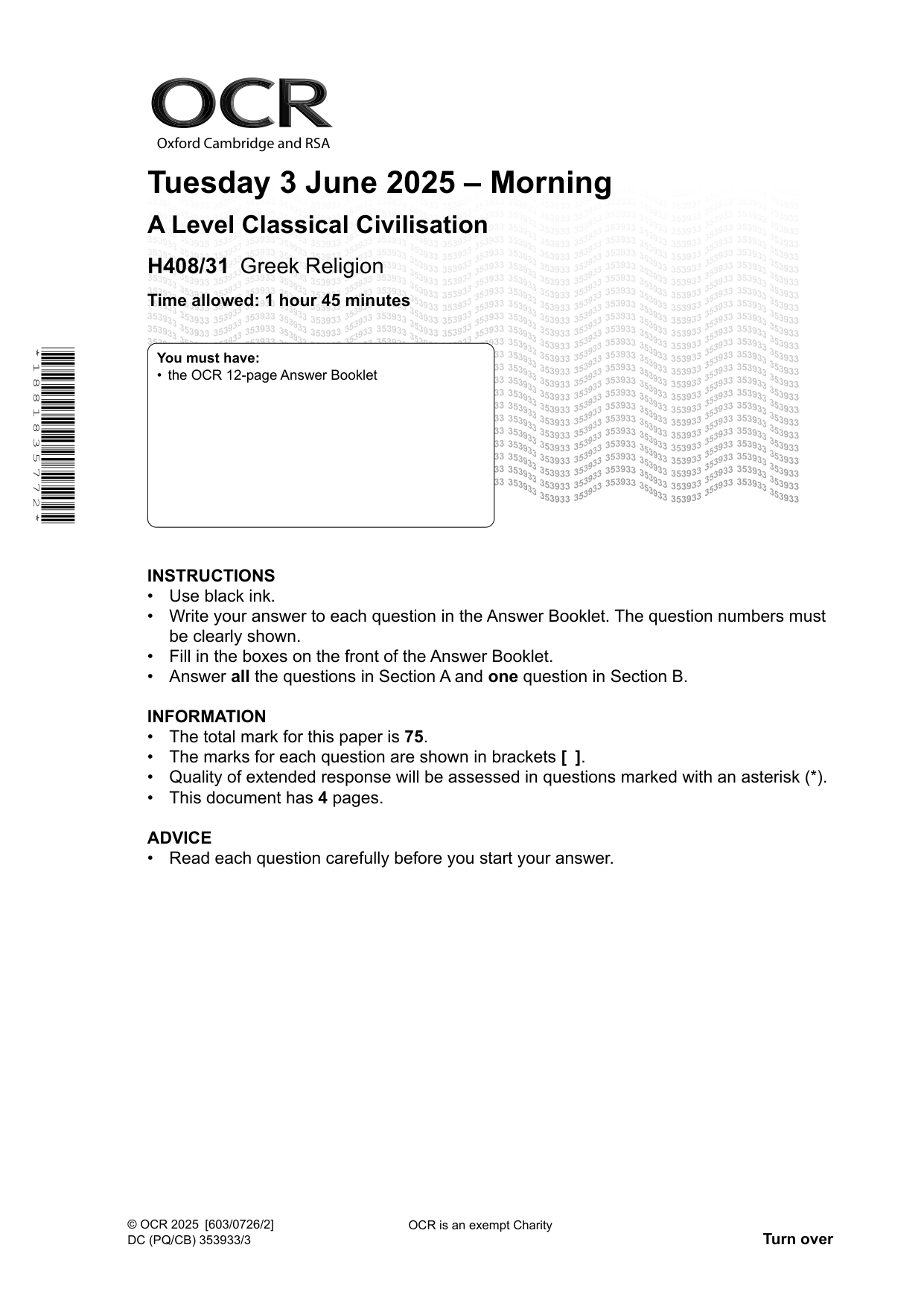 OCR A Level Classical Civilisation Paper 31 2025 QP