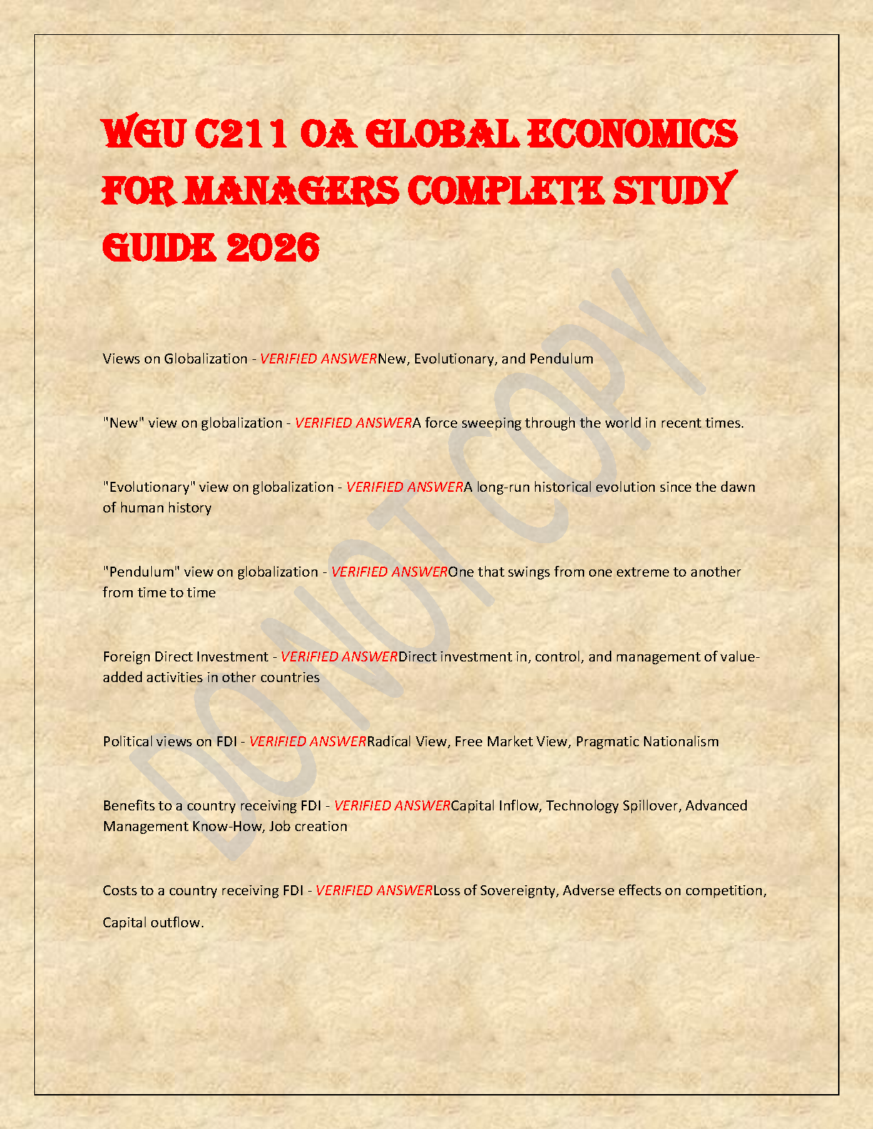 WGU C211 Global Economics for Managers OA Study Guide 2025/26 Based on Peng's Global Business Textbook