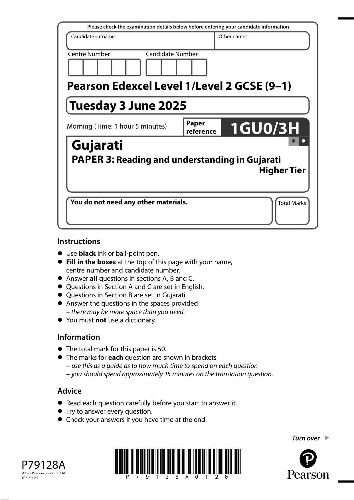 Pearson Edexcel GCSE Gujarati Paper 3H 2025 Question Paper