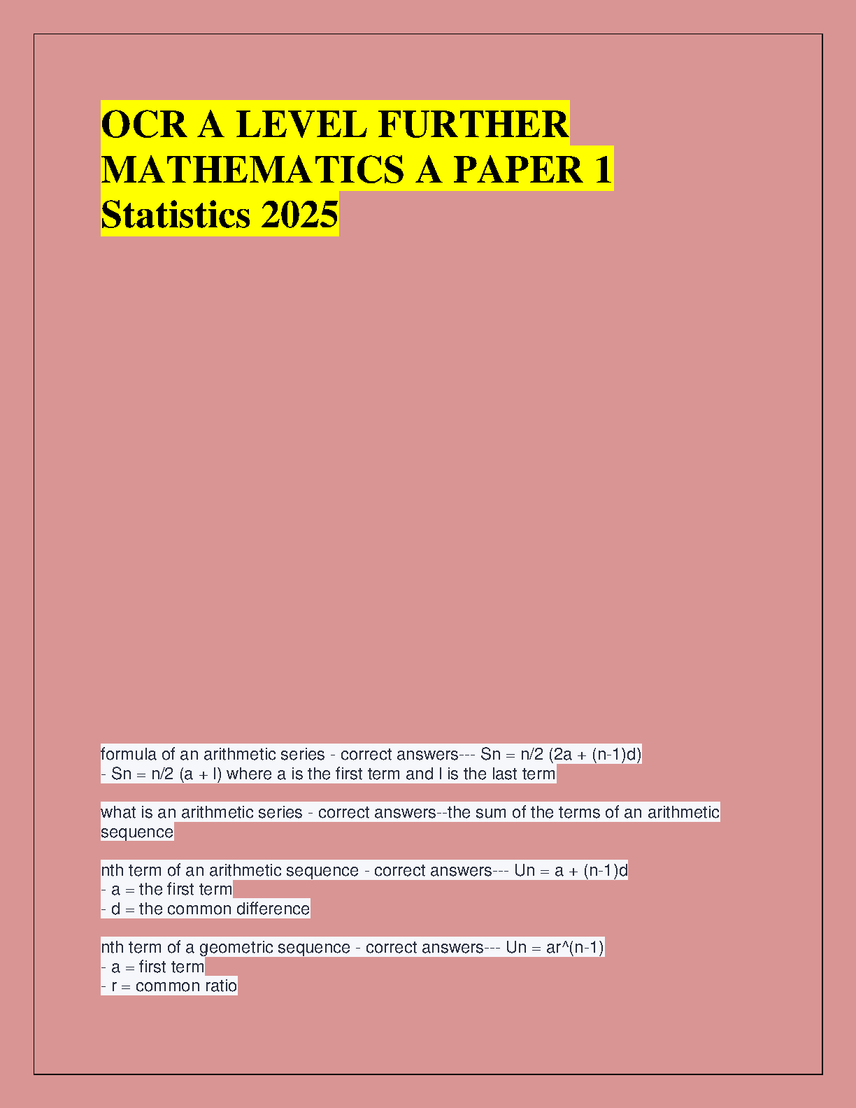 A Level Maths Pure Year 1 and 2 Complete Formula Sheet Arithmetic Geometric Series Sequences Circles Graphs Transformations Exam Revision Guide for 2026/2027 Academic Year