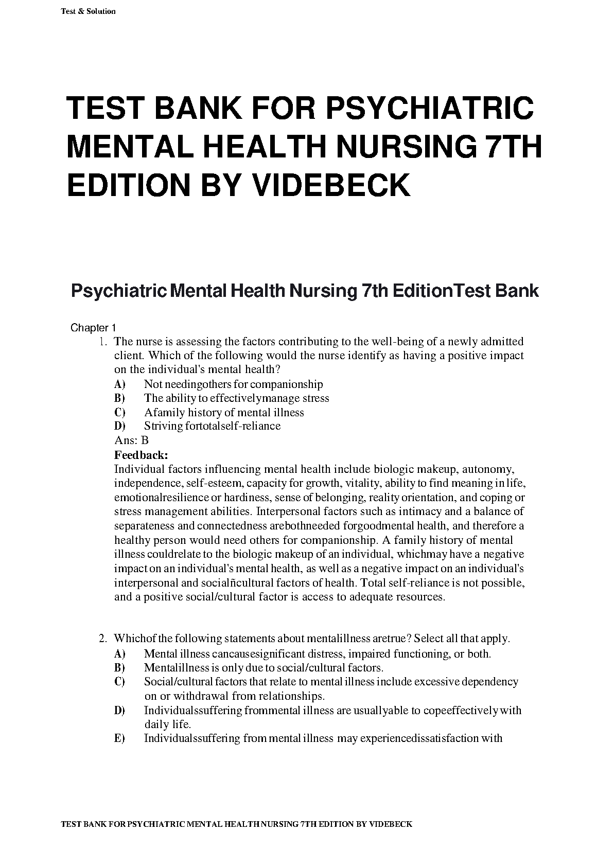 Psychiatric Mental Health Nursing 7th Edition TEST BANK