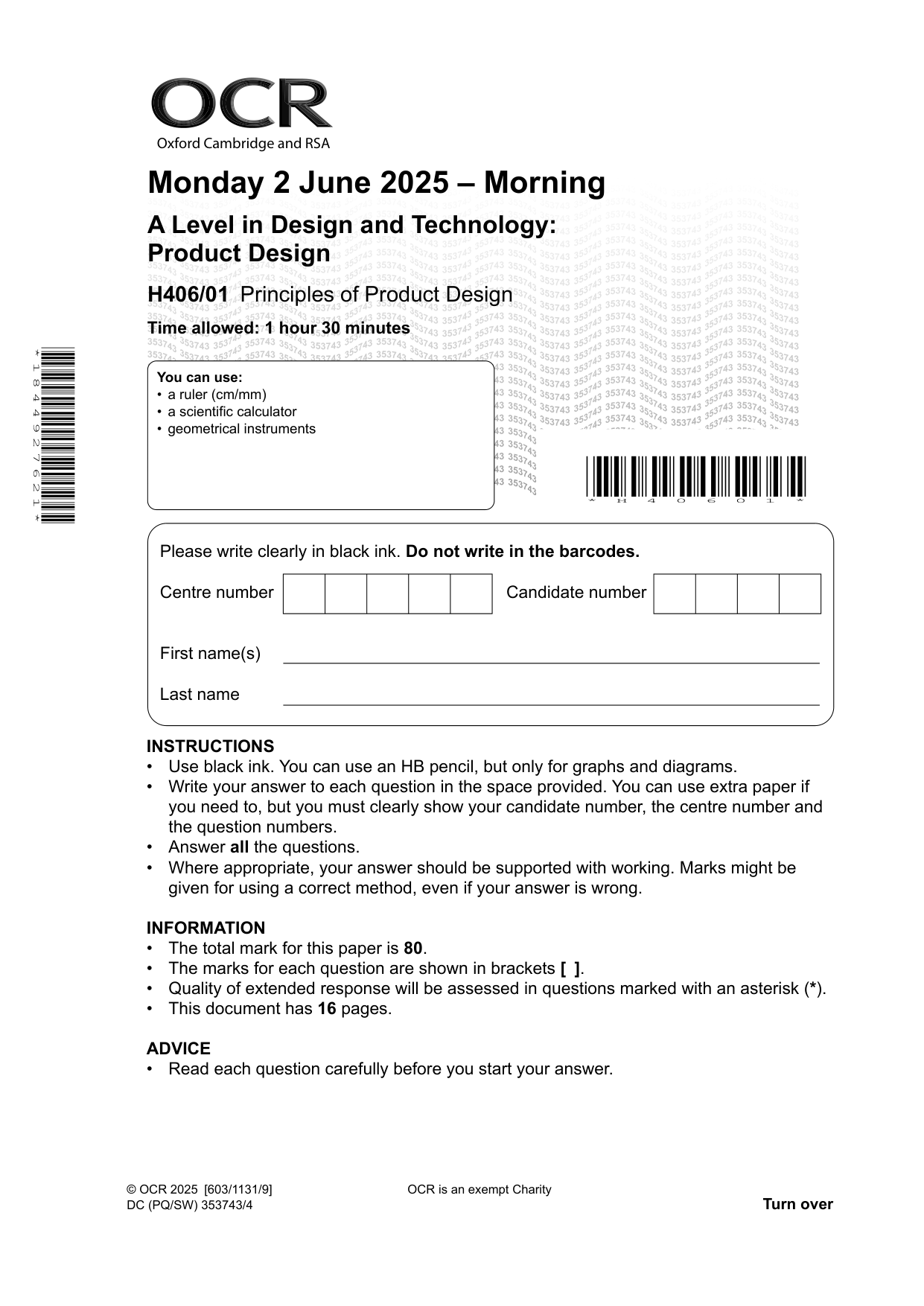 OCR A Level Product Design Paper 1 Question Paper