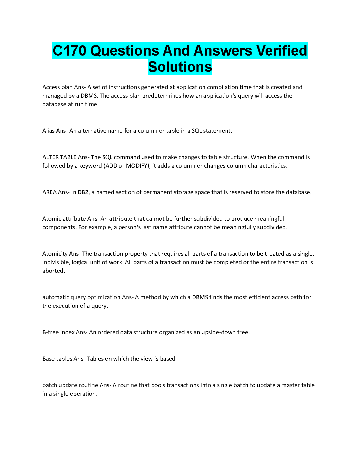 WGU C170 Data Management Applications Test Bank: Verified Questions and Answers for Exam Success in 2025/26