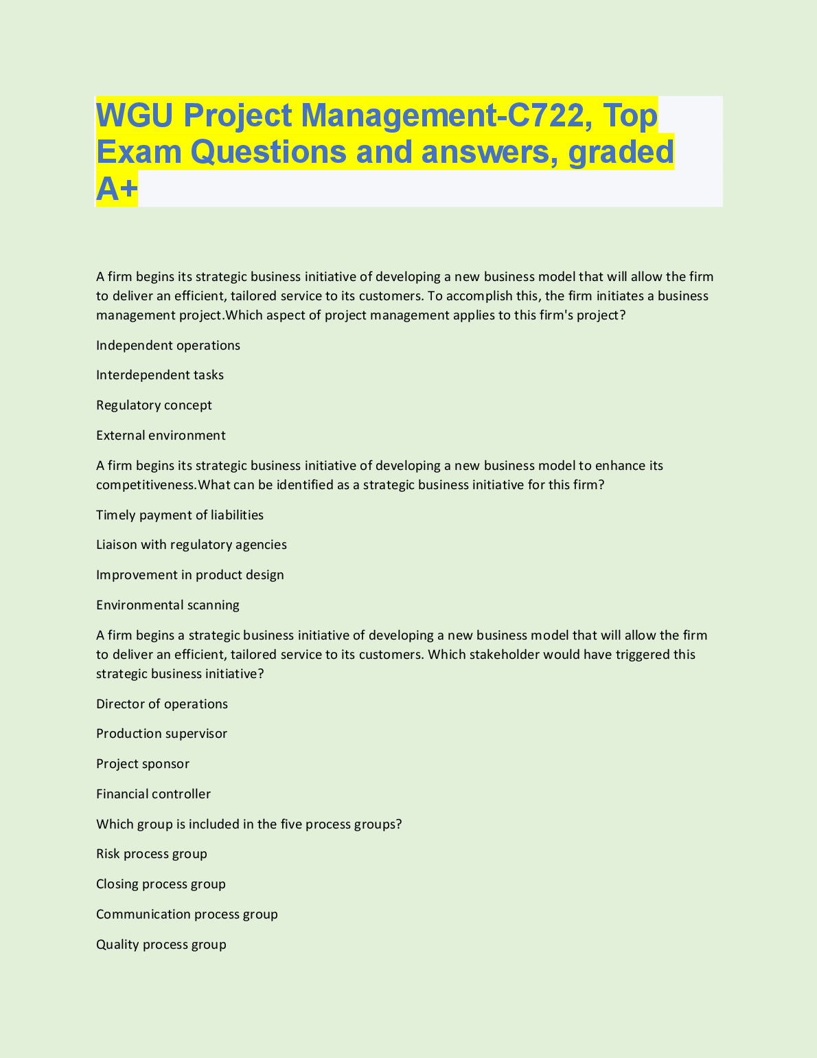 WGU C722 Project Management Exam Questions and Answers 2024-2025 for First Attempt Success