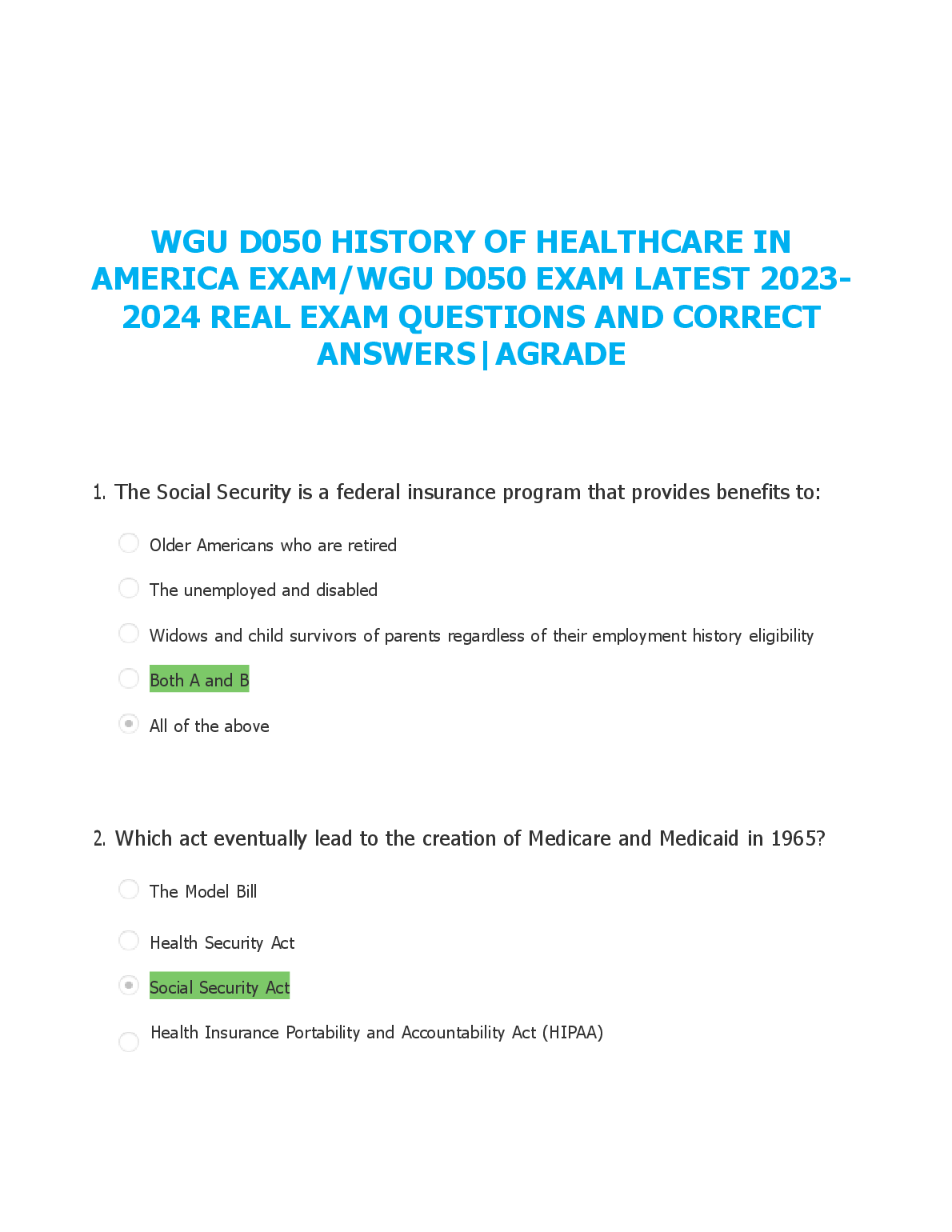 WGU D050 History of Healthcare in America Exam: 2023-2024 Edition Real Questions and Correct Answers by Agrade Study Guide