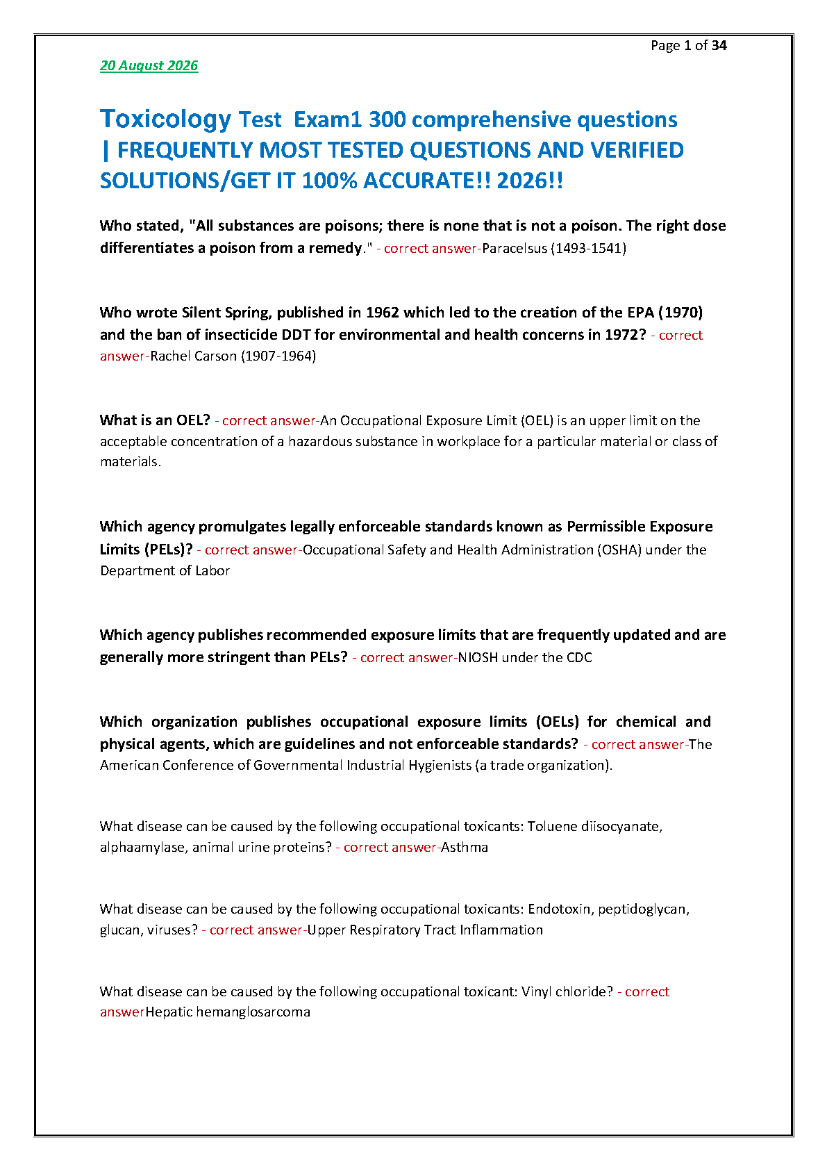 Toxicology Exam 1 Comprehensive Question Bank With Verified Solutions And Accurate Answers For The 2026/2027 Academic Year