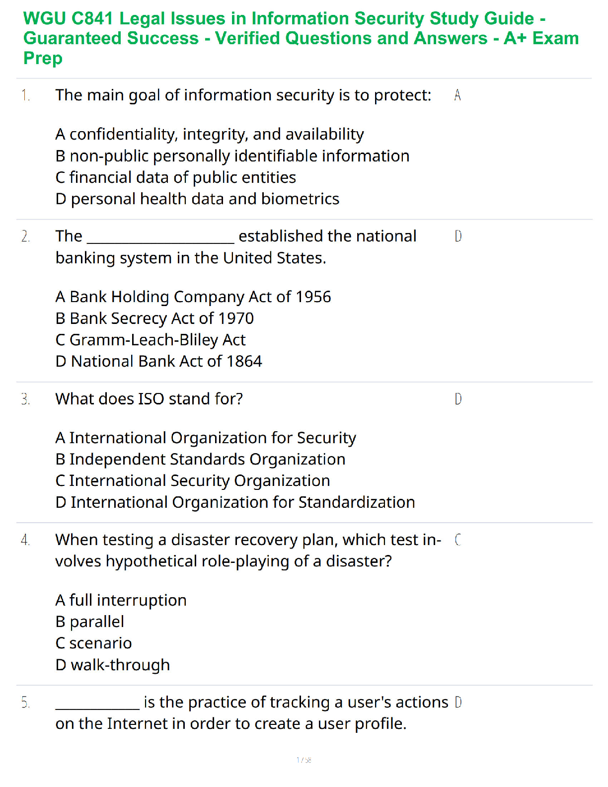 WGU C841 Legal Issues in Information Security Study Guide 2026/2027 Verified Exam Prep Resources