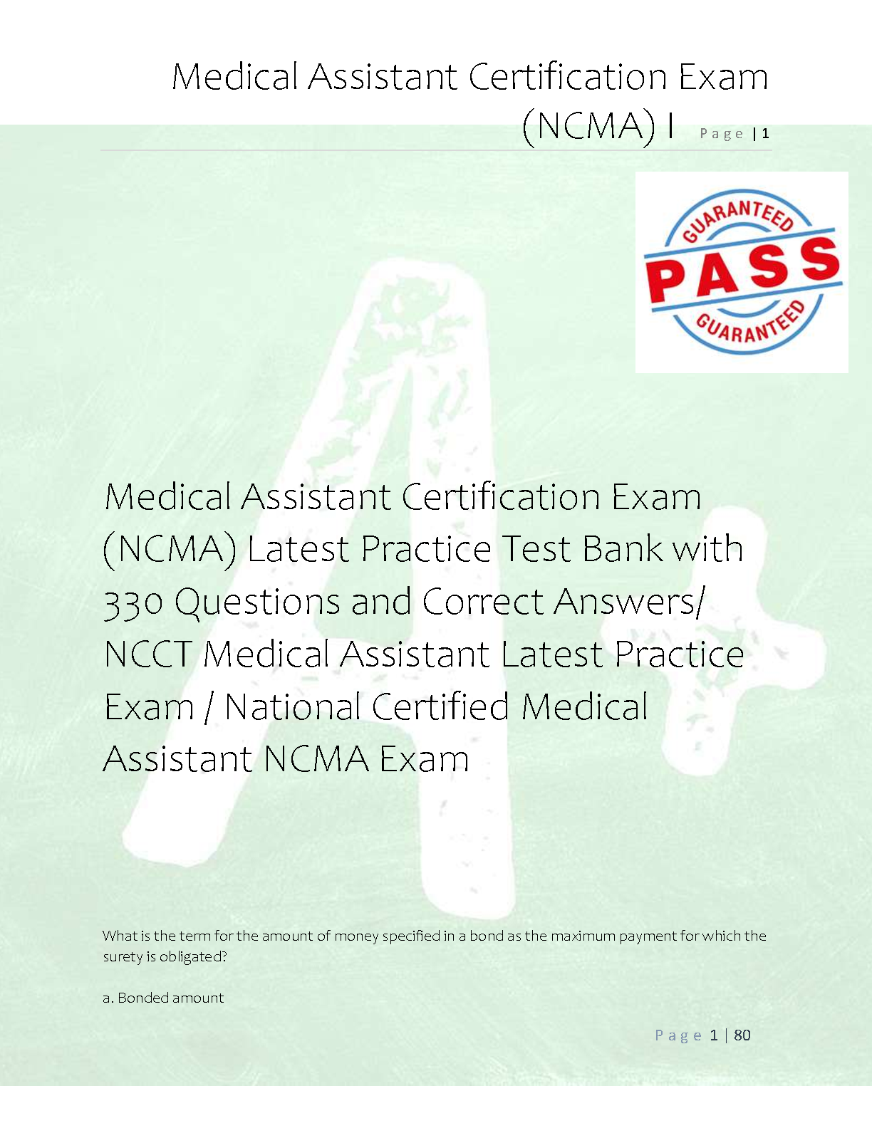 NCMA Medical Assistant Certification Exam Test Bank With 330 Questions And Correct Answers For National Certified Medical Assistant NCCT Exam Latest Edition