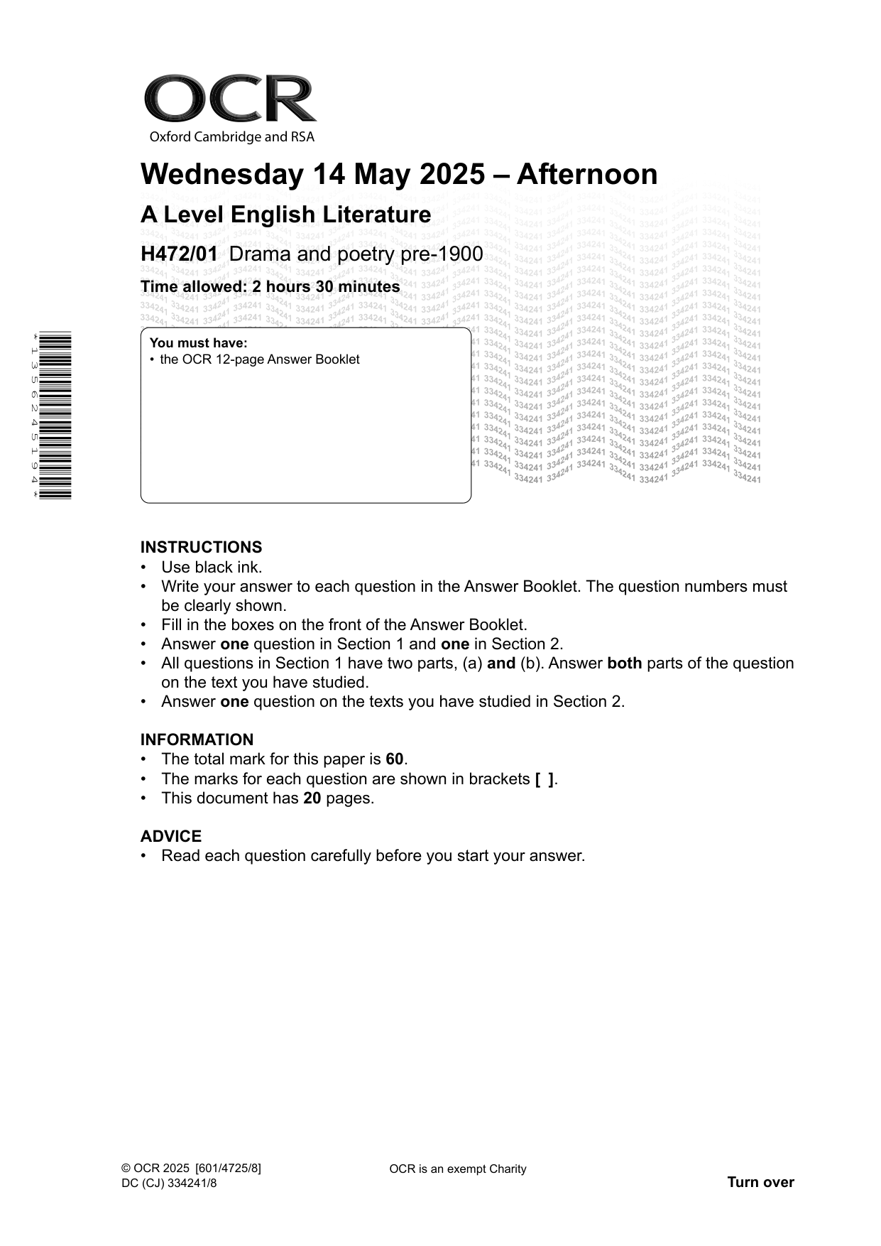 OCR A Level English Literature Paper 1 2025 Question Paper