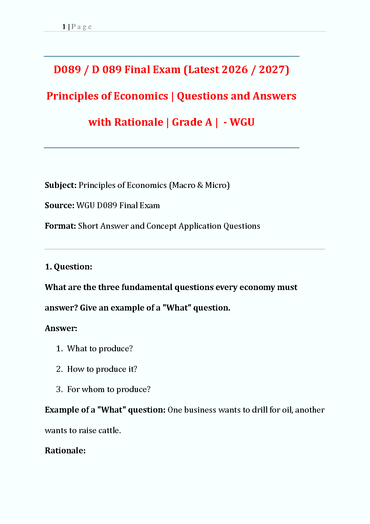 WGU D089 Principles of Economics Final Exam Study Guide with Verified Questions and Rationale for Grade A Success in 2026/2027