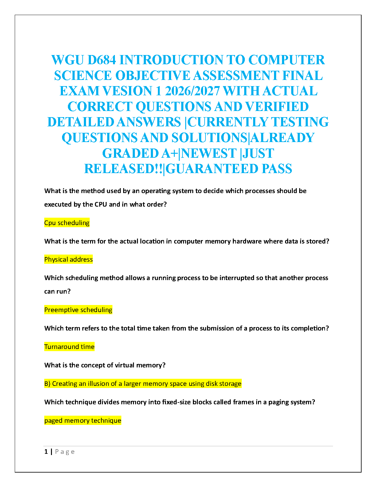 WGU D684 Introduction to Computer Science Test Bank with Verified Answers for 2026/27 Final Exam Version 1