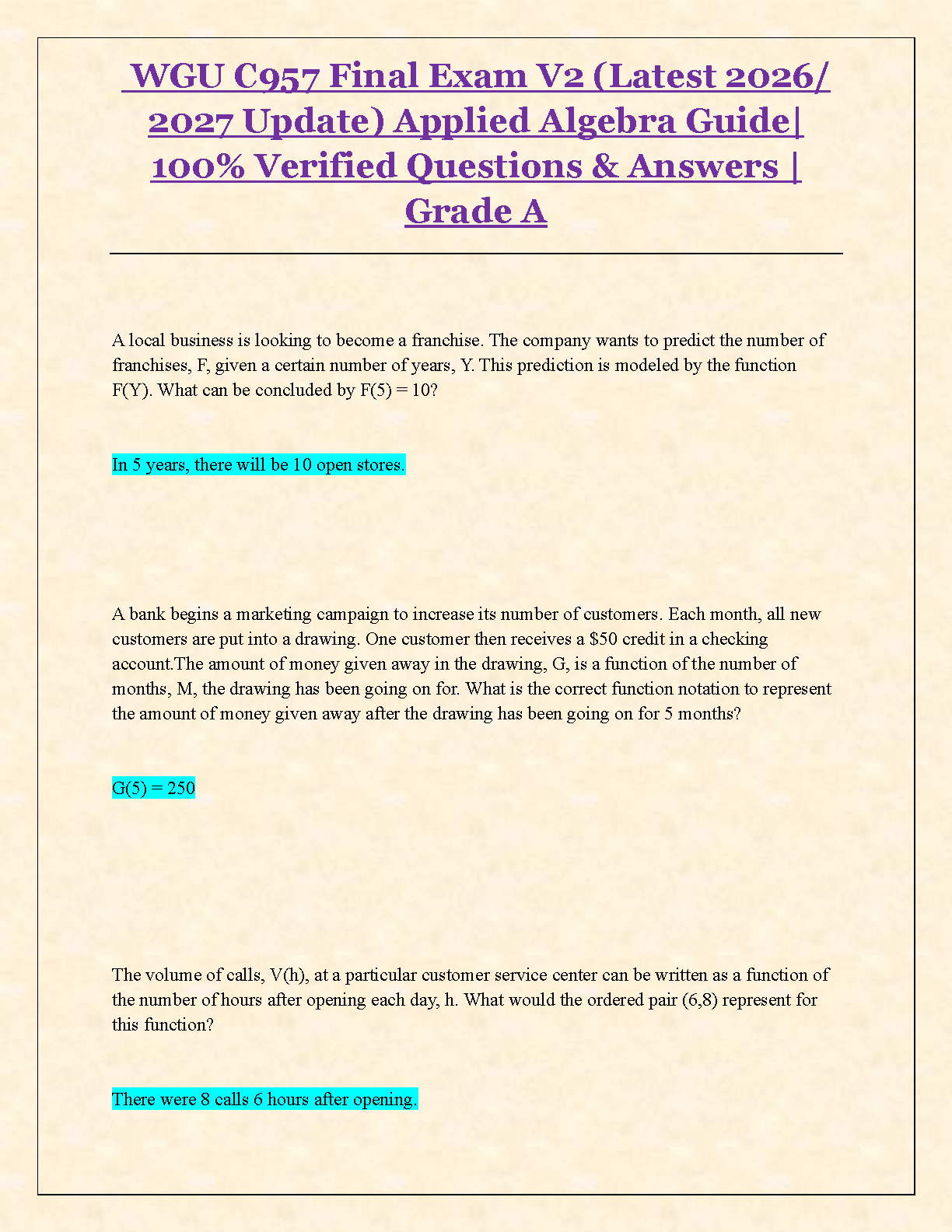 WGU C957 Applied Algebra Final Exam Test Bank V2: Verified Questions and Answers for 2025/2026 Academic Year Success