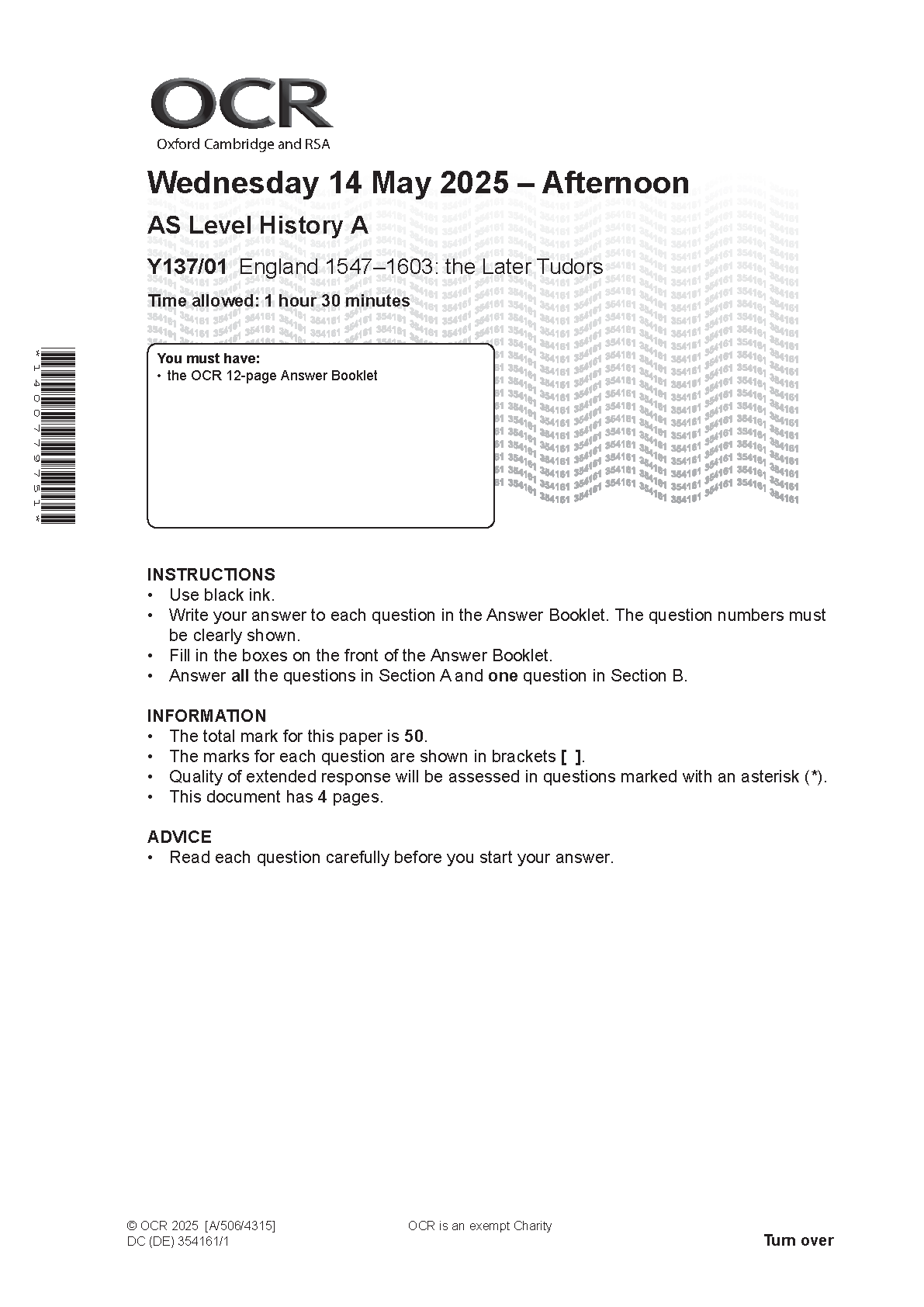 OCR AS Level History A Later Tudors 2025 Question Paper