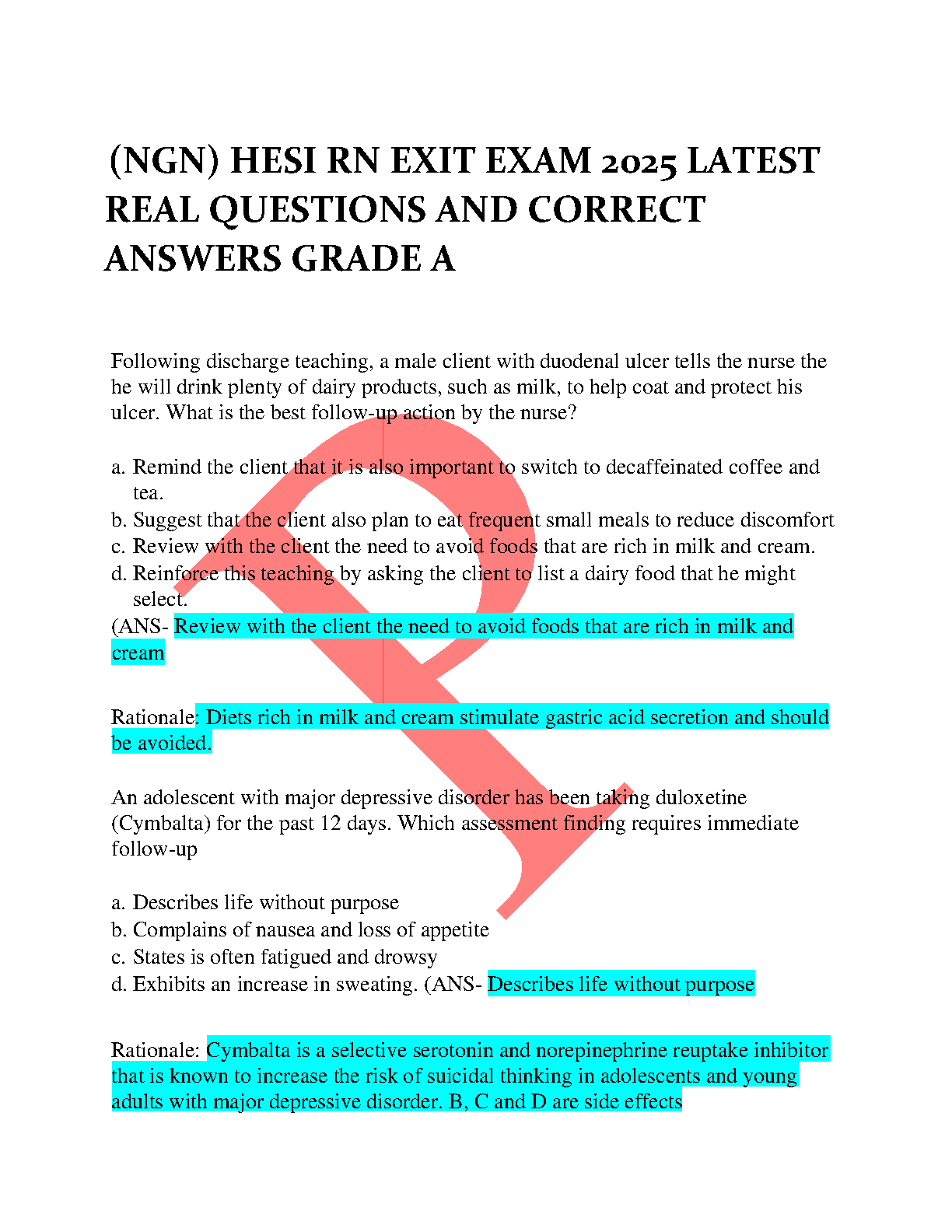 NGN HESI RN Exit Exam 2025 Test Bank: Master the Exam with Real Questions, Correct Answers, and Detailed Rationales for a Grade A Result