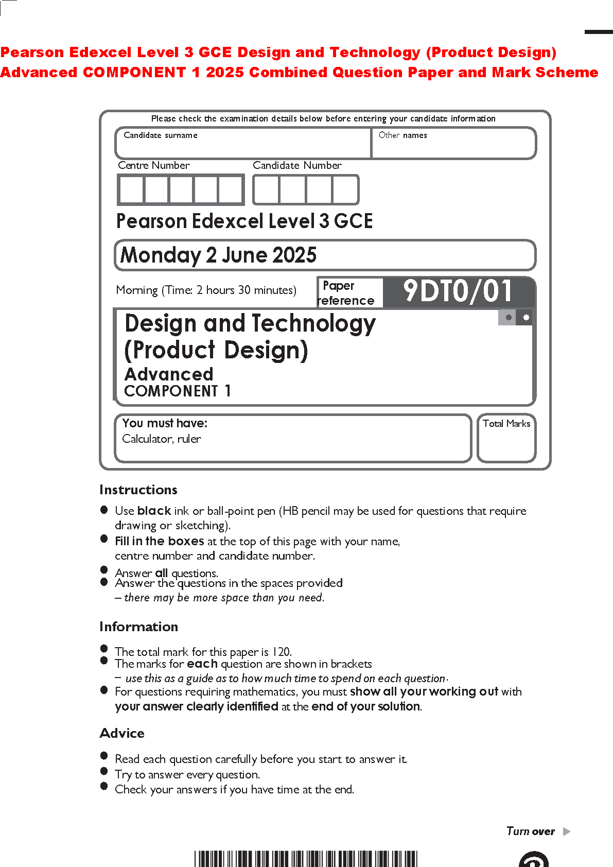 Pearson Edexcel Level 3 GCE Design and Technology Product Design Advanced Component 1 June 2025 Question Paper with Mark Scheme