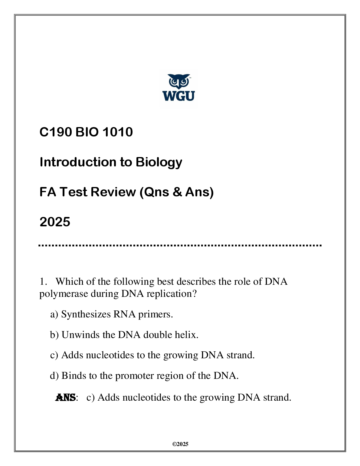 WGU C190 BIO 1010 Introduction to Biology FA Test Bank: Verified Q&A Study Guide for Exam Success (2025)