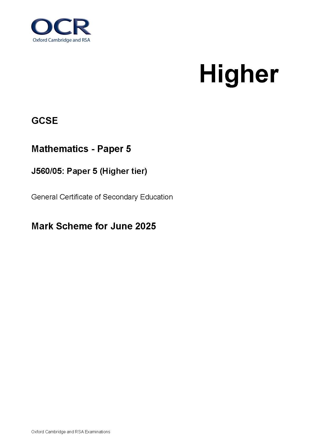 OCR GCSE Maths Paper 5 June 2025 Mark Scheme PDF