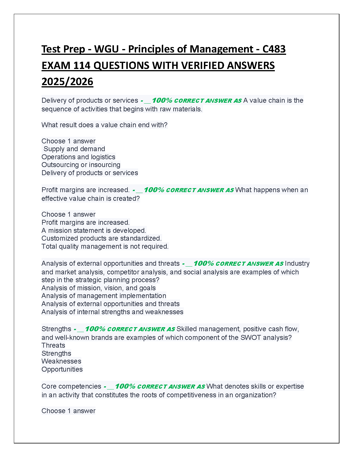 WGU C483 Principles of Management Test Bank Bright Cortes Edition 2025/2026 Verified Questions and Answers Study Guide