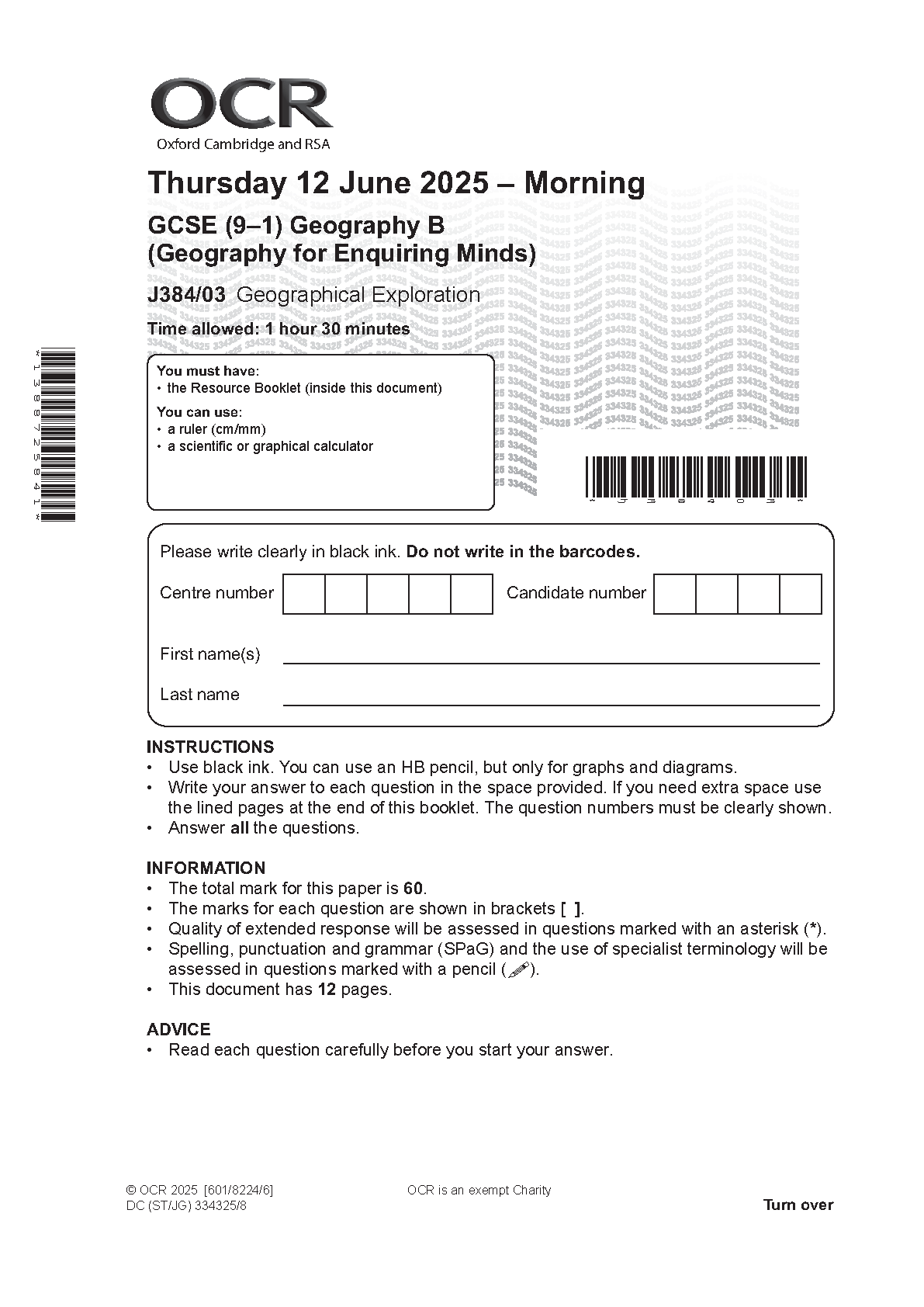 OCR GCSE Geography Paper 3  2025 Question Paper PDF