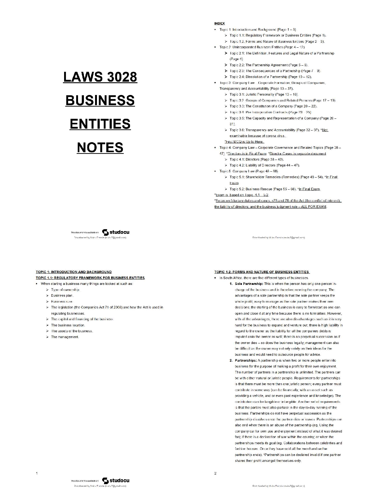 LAWS 3028 Business Entities: Comprehensive Study Notes 2025/2026 - Master Key Concepts to Pass Your Exams First Time