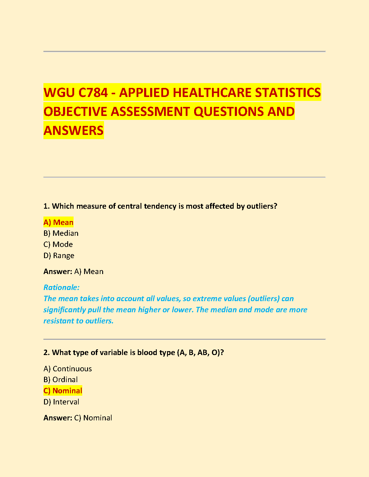 WGU C784 Applied Healthcare Statistics Objective Assessment Test Bank 2025/26 Verified Q&A for First-Time Pass