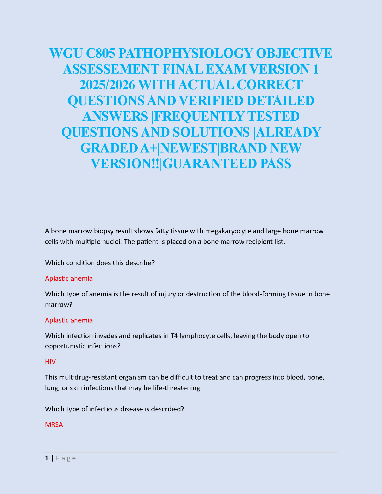 WGU C805 Pathophysiology Final Exam Study Guide with Verified Answers and Solutions for First Attempt Success