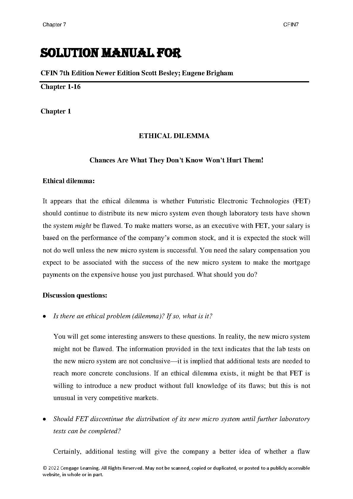 Solution Manual for CFIN, 7th Edition by Scott Besley and Eugene F. Brigham