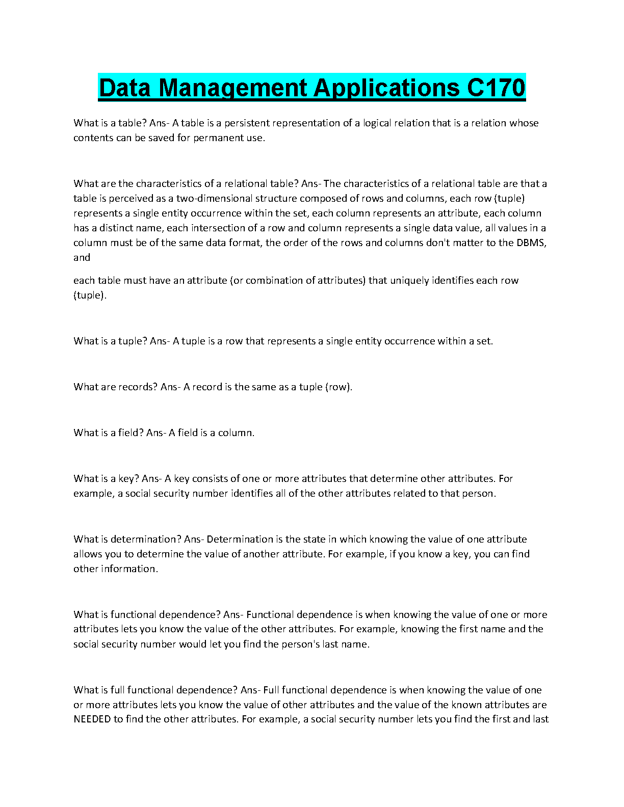 WGU C170 Data Management Applications: 2025/2026 Exam Elaboration Guide for First Attempt Success