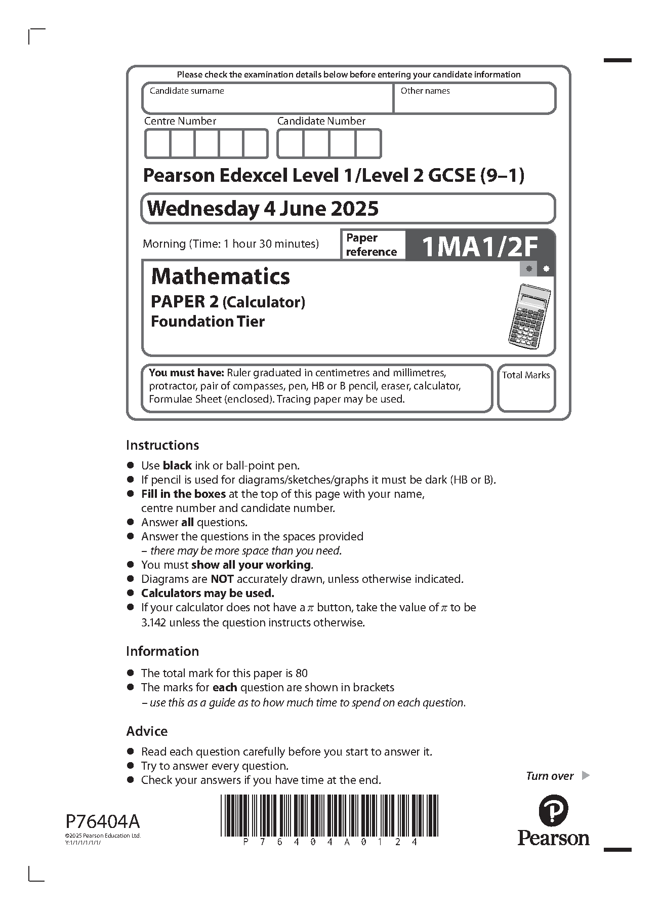 MERGED 2025 Pearson Edexcel GCSE Mathematics Paper 2F Question Paper and Mark Scheme (1MA1/2F: Calculator Foundation tier)