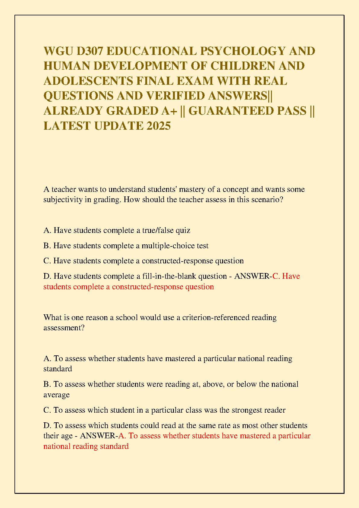 WGU D307 Educational Psychology and Human Development Final Exam Study Guide with Verified Answers (2025)
