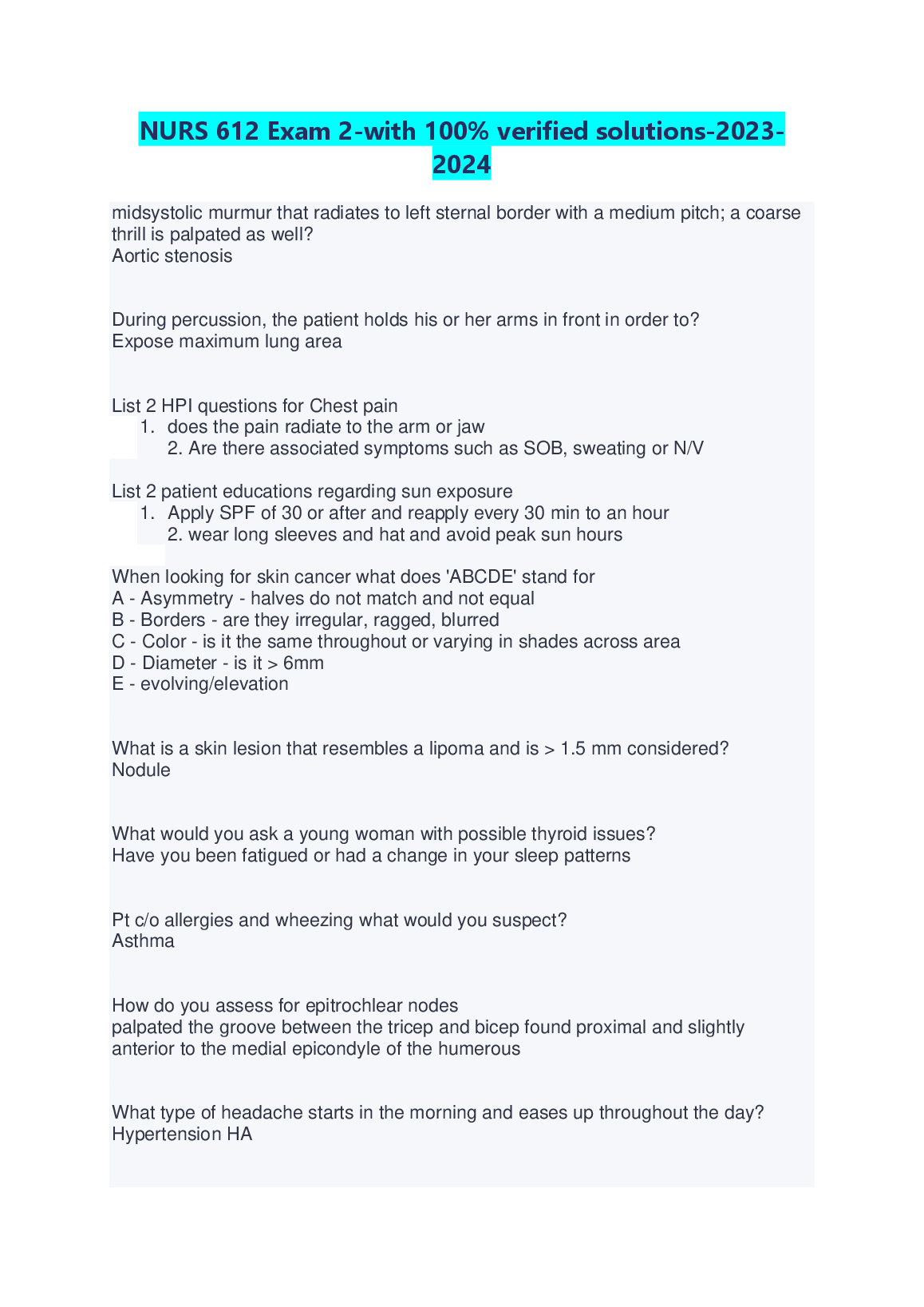 NURS 612 Exam 2 Questions and Answers | Clinical Assessment & Diagnosis Practice Guide