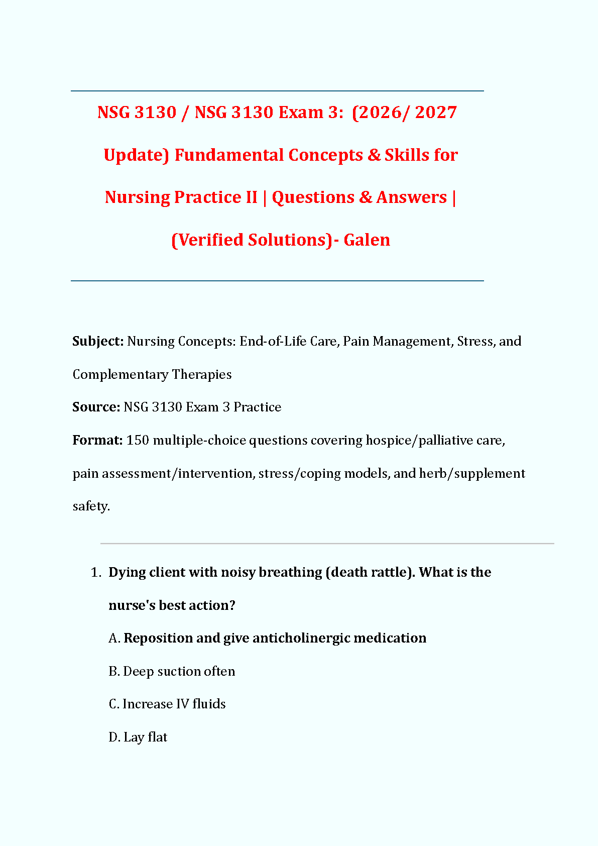 NSG 3130 Exam 3 Test Bank for Fundamental Concepts and Skills in Nursing, deWit & Williams Edition
