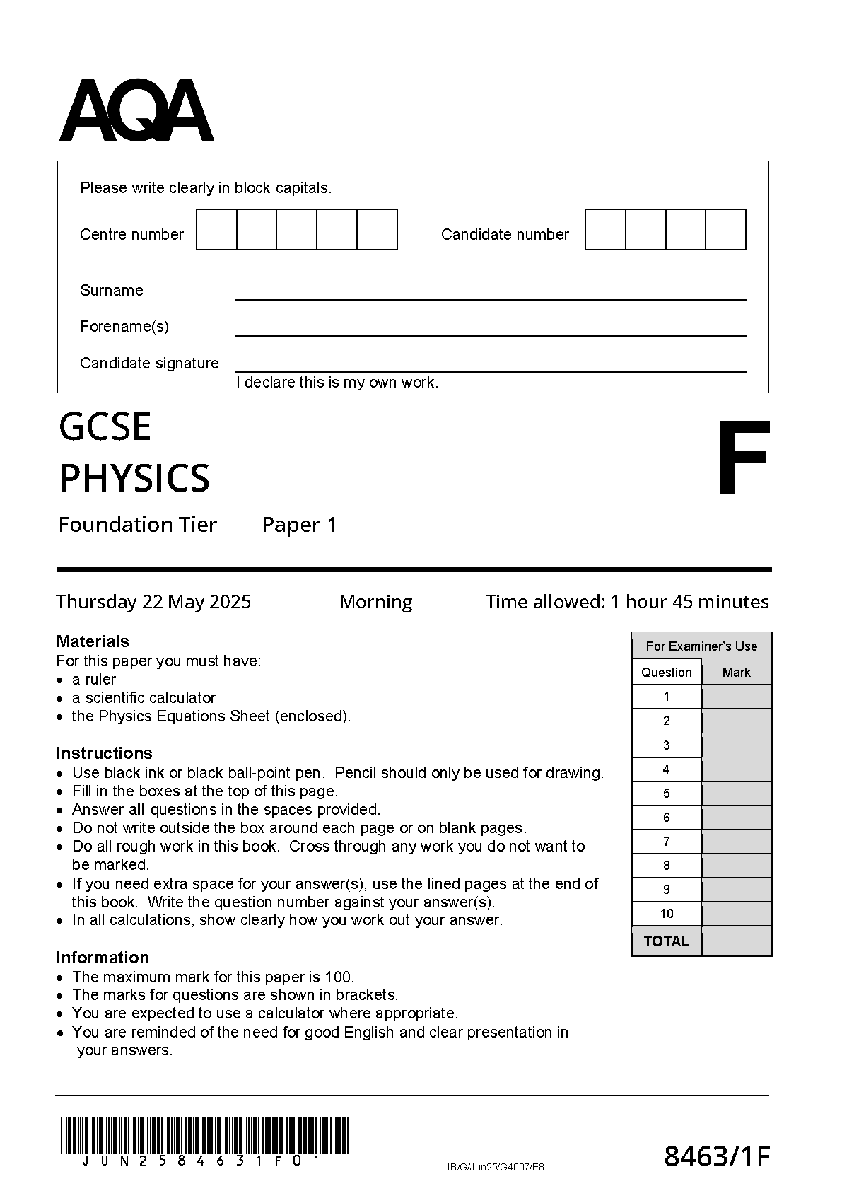 AQA GCSE Physics 1F 2025 Question Paper PDF