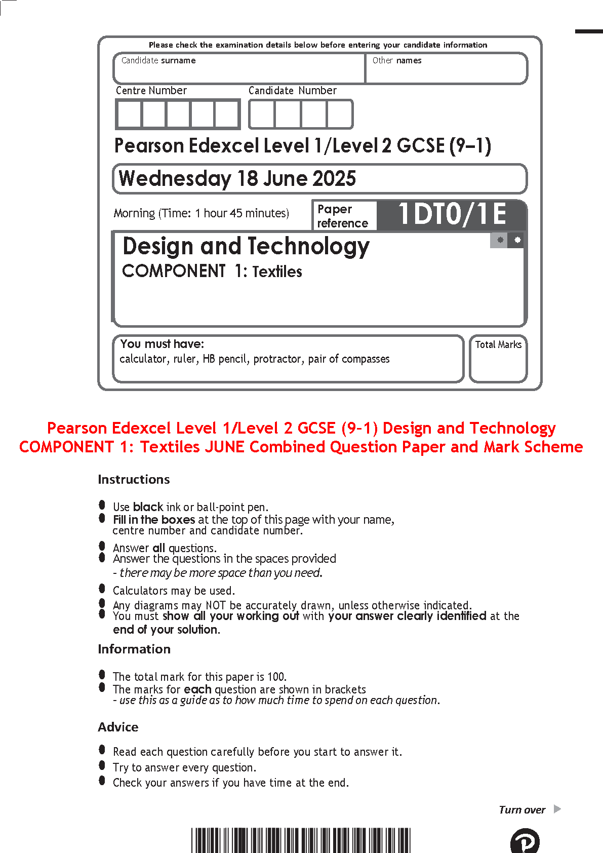 Pearson Edexcel GCSE Design and Technology Textiles Component 1 June Combined Question Paper and Mark Scheme Latest Release for Academic Year 2026/2027 Study Guide