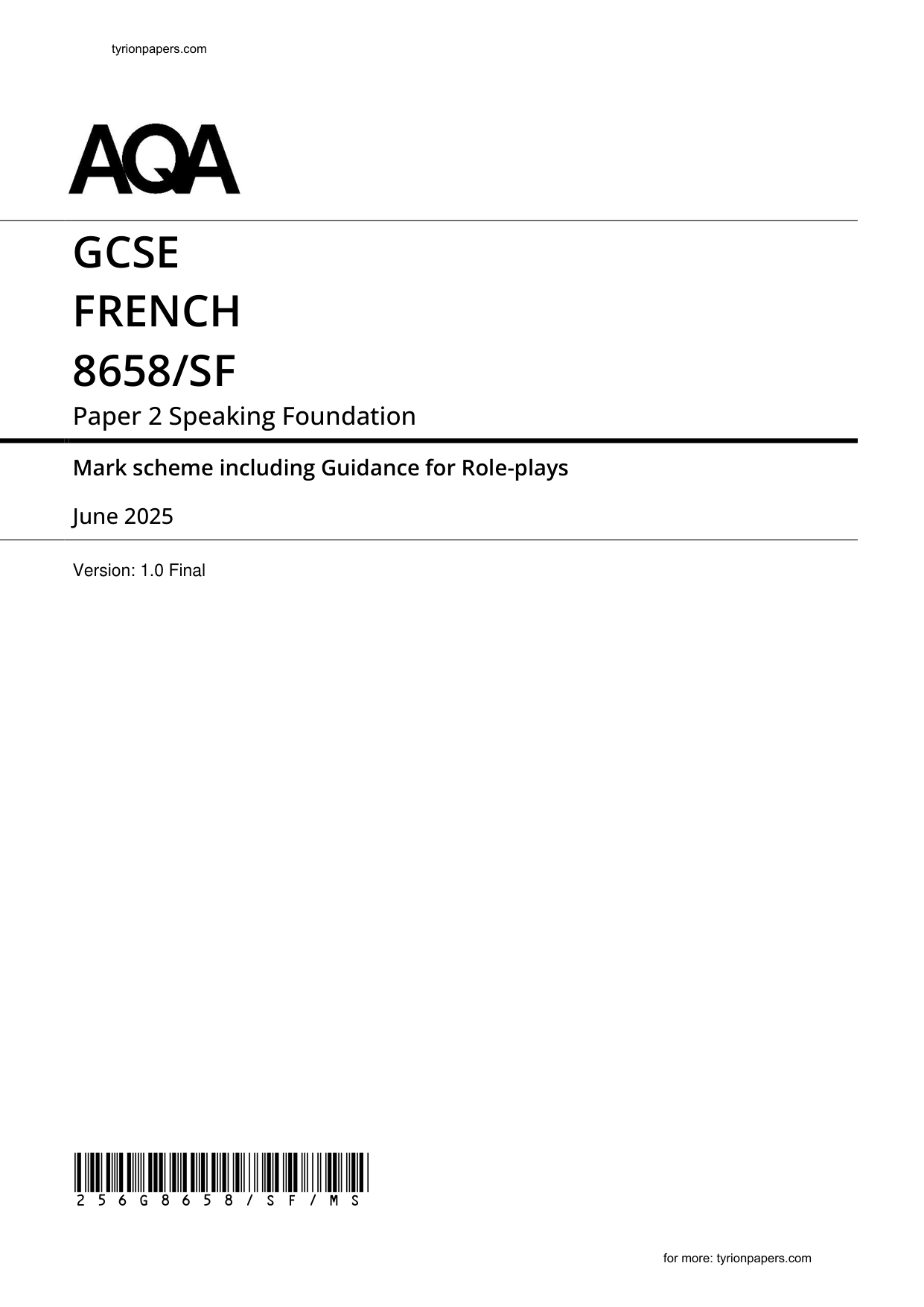 AQA GCSE French Paper 2F 2025 Mark Scheme
