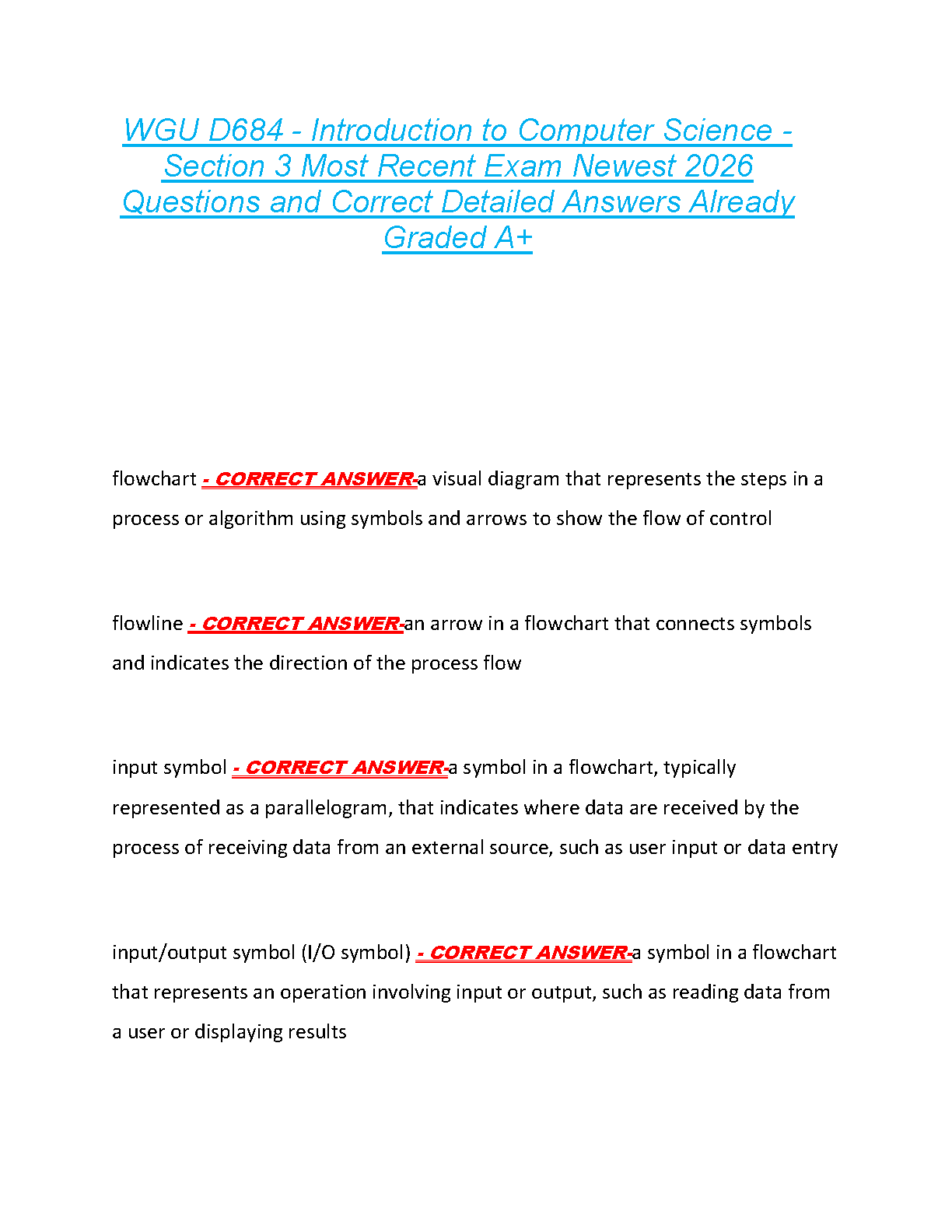 WGU D684 Introduction to Computer Science Section 3 Exam Test Bank: 2025/2026 A+ Graded Questions & Answers
