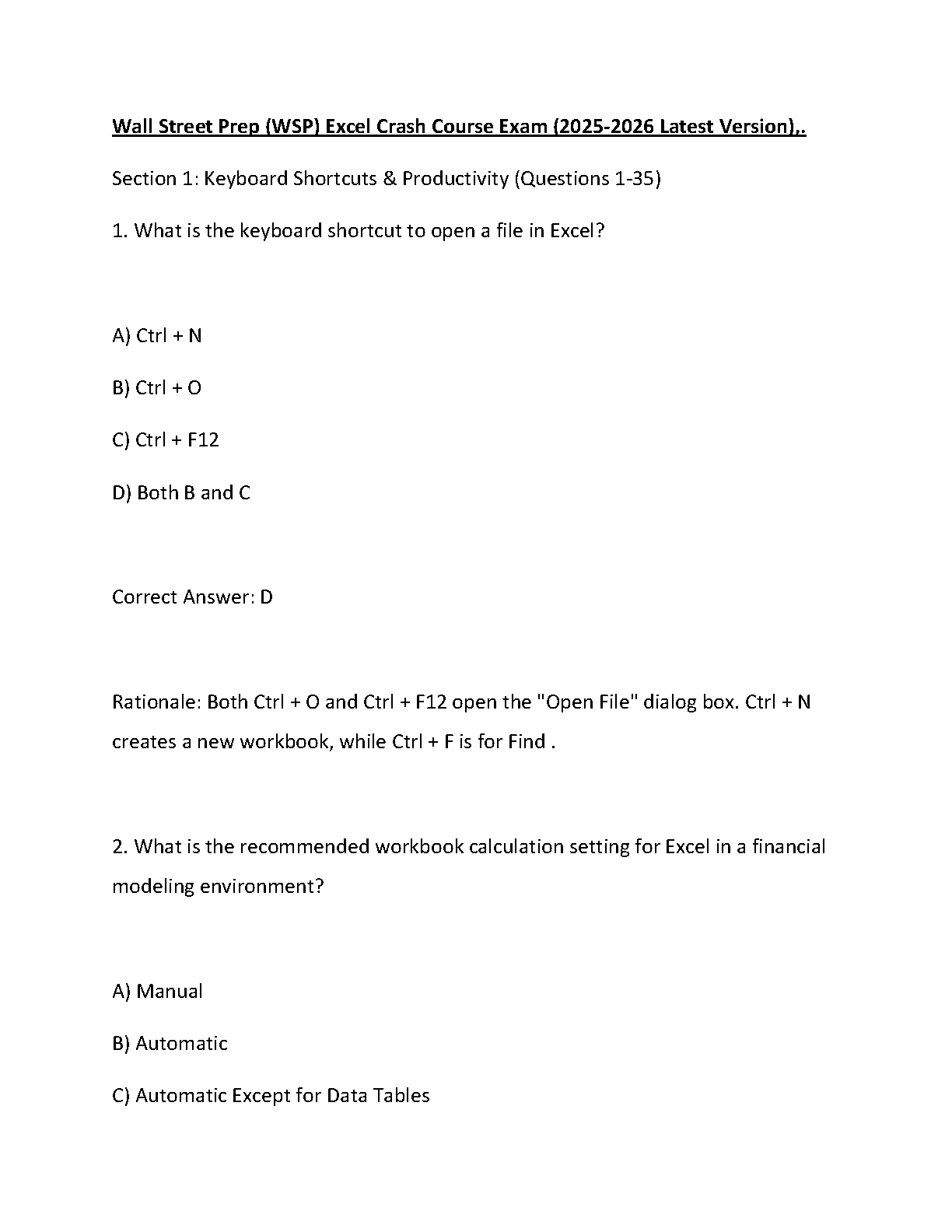 Wall Street Prep WSP Excel Crash Course Exam Questions Answers 2026 2027 Latest Updated Financial Modeling Test Bank Guide