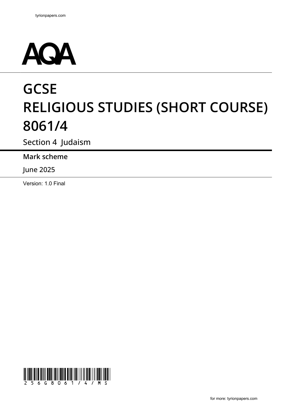 AQA GCSE Religious Studies Judaism Paper 4 2025 Mark Scheme