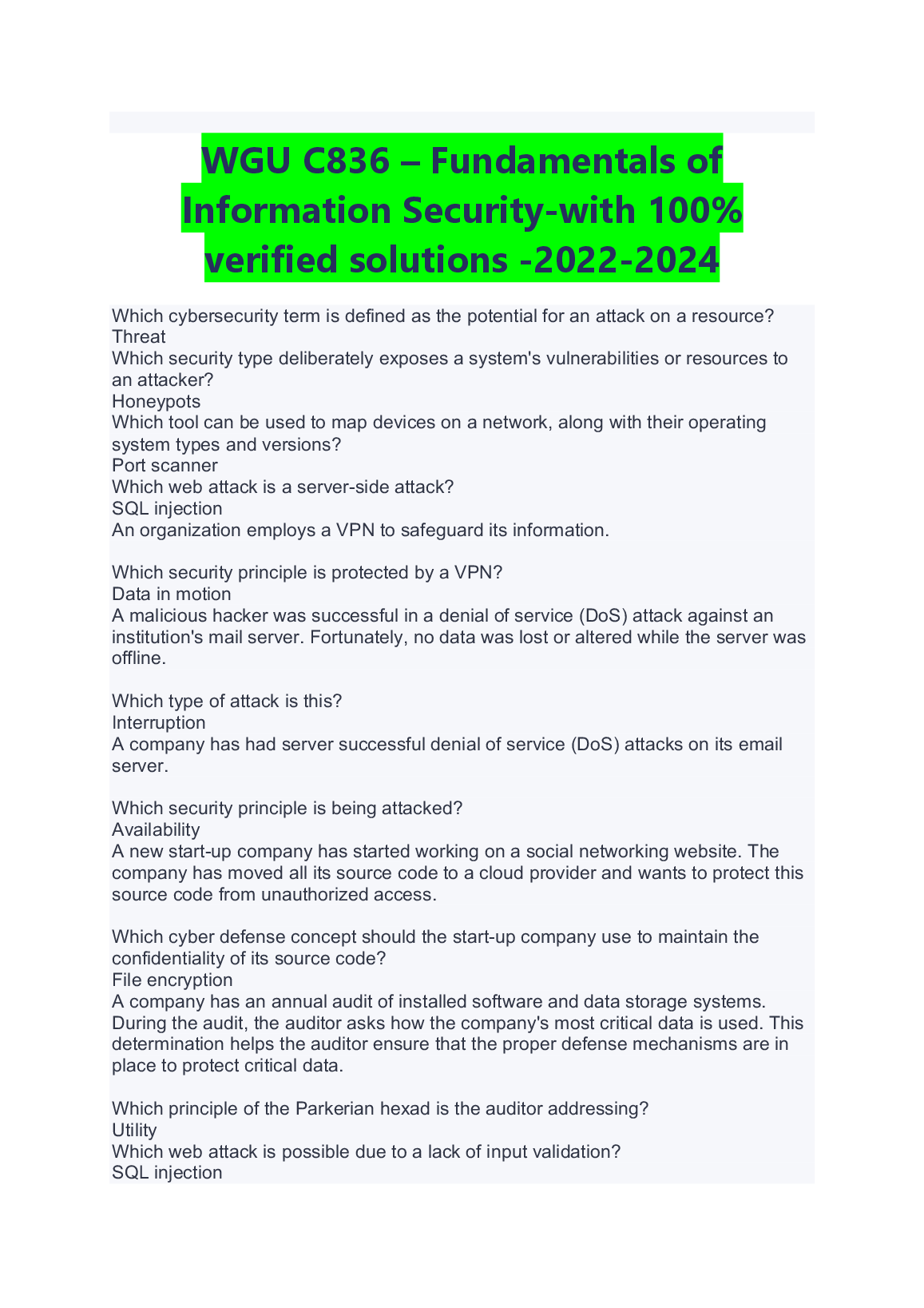 WGU C836 Fundamentals of Information Security Test Bank with Verified Solutions for 2023/2024 Academic Year Exam Preparation