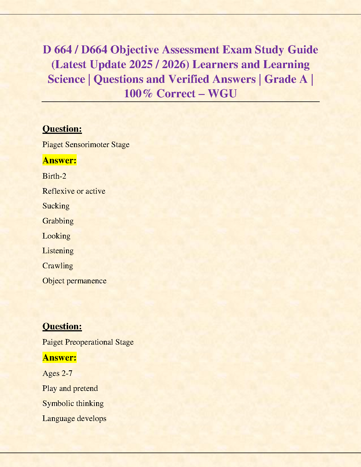 WGU D664 Learners and Learning Science Test Bank 2025/2026 Exam Questions & Verified Answers Guide