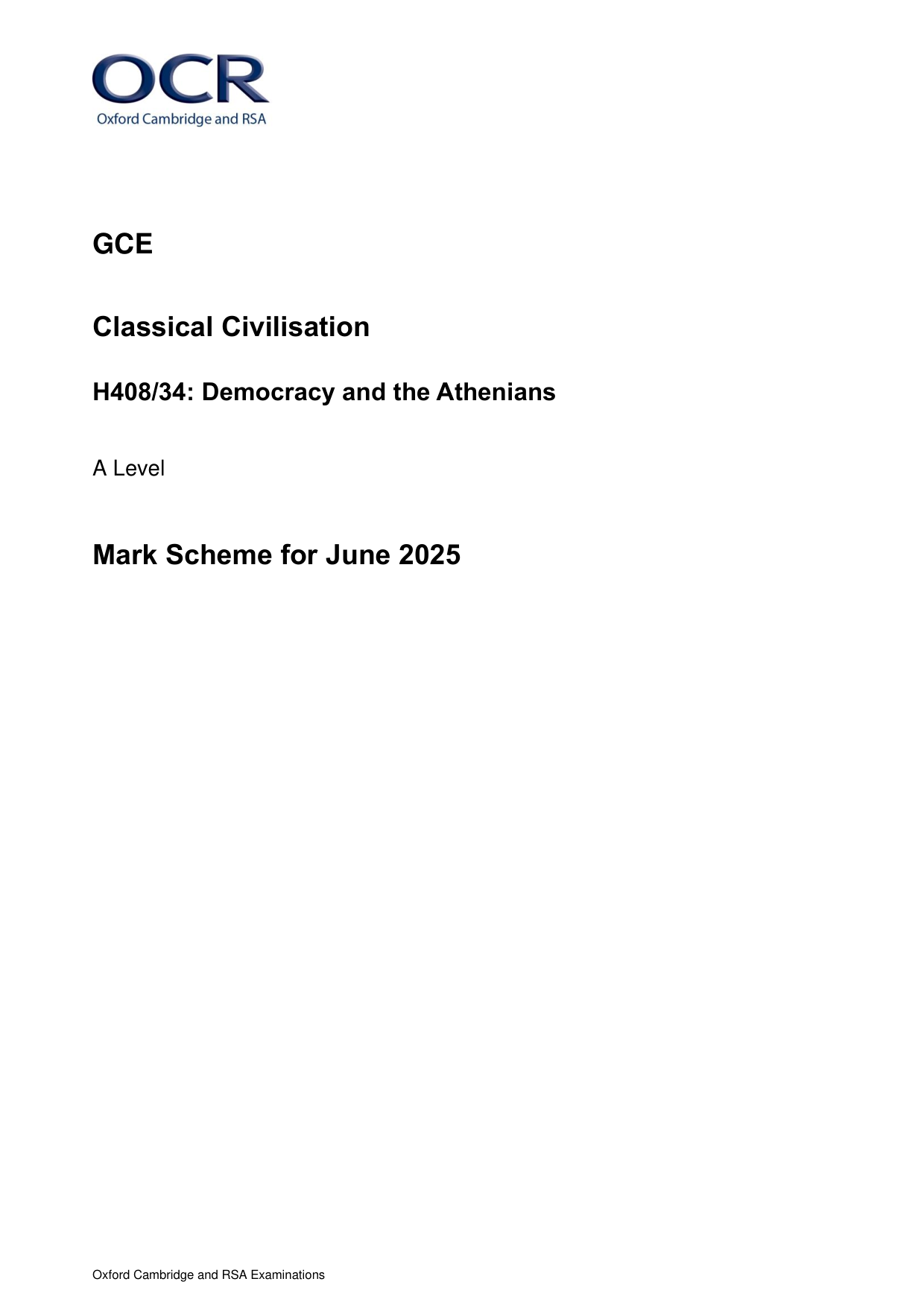 OCR A Level Classical Civilisation Paper 34 2025 Mark scheme