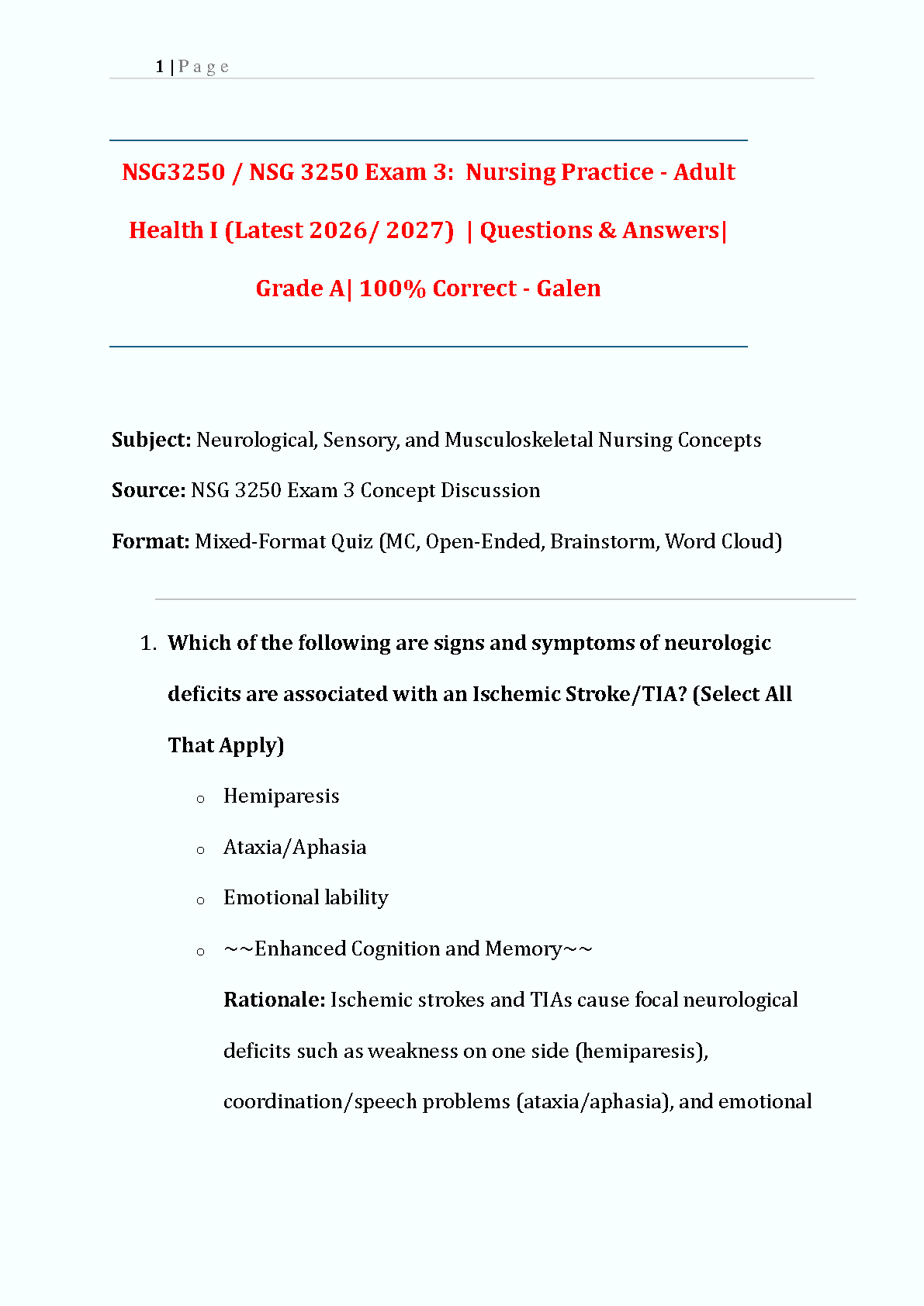 NSG 3250 Exam 3 Test Bank for Adult Health I: Neurological, Sensory, & Musculoskeletal Concepts - Latest 2026/2027 Edition | Galen
