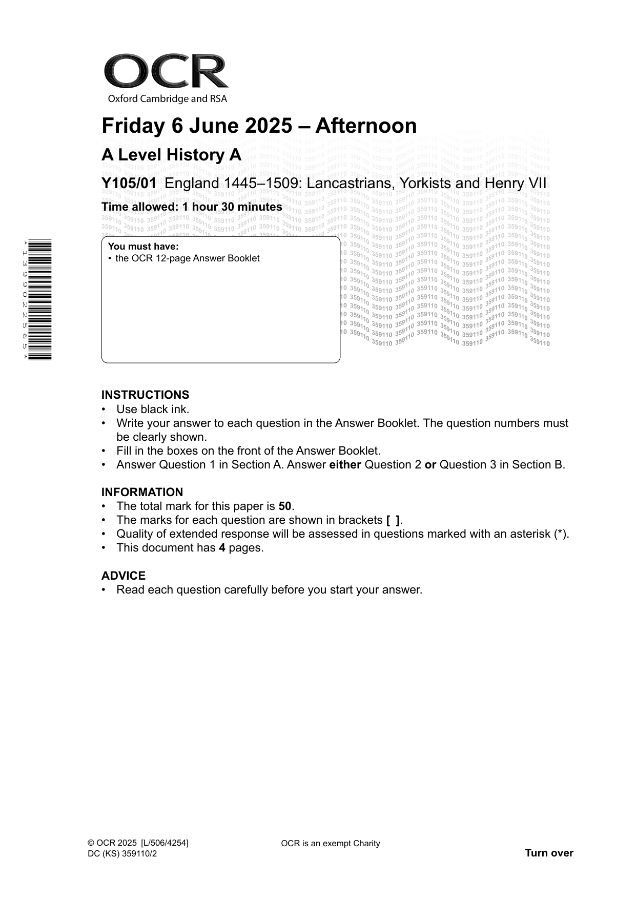 OCR A Level History A Lancastrians Yorkists 2025 QP