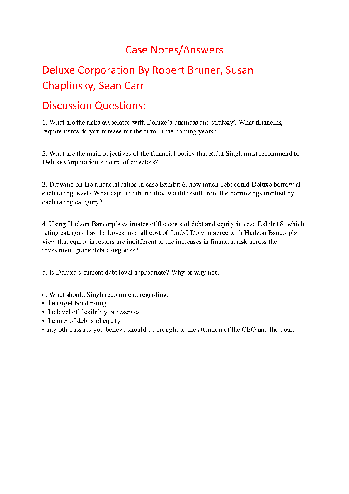 Case Study Solutions for Deluxe Corporation by Robert Bruner, Susan Chaplinsky, Sean Carr (9th Edition)