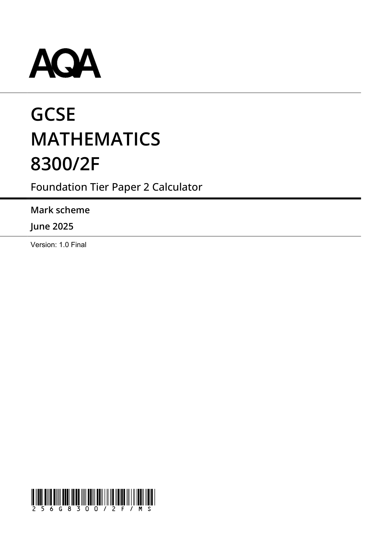 AQA GCSE Maths Paper 2 2025 Mark Scheme PDF
