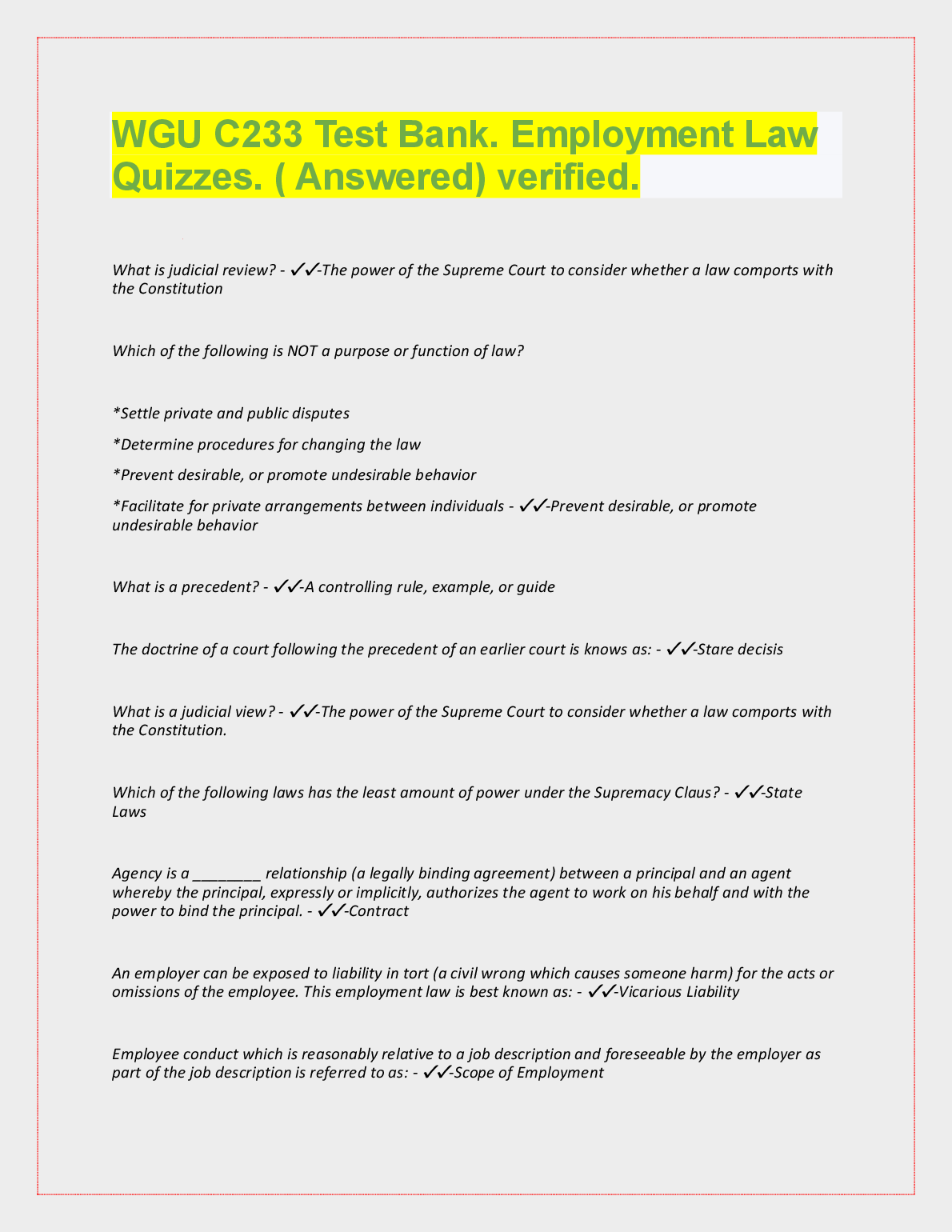 WGU C233 Employment Law Test Bank with Answered Quizzes and Verified Exam Questions for Students