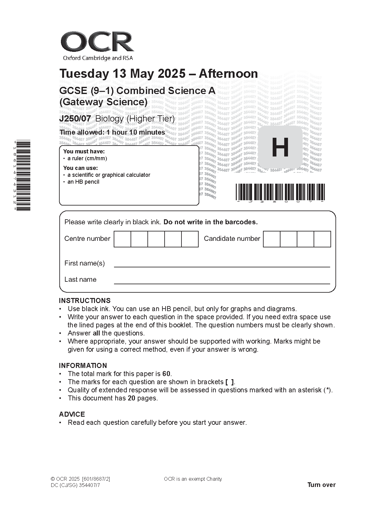 2025 OCR GCSE  Combined Science A (Gateway Science) Paper 7 (J250/07 Biology : Higher Tier))